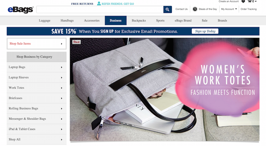 Ebags offering deals and banners on category page for better e-commerce conversion Ebags offering deals and banners on category page for better e-commerce conversion